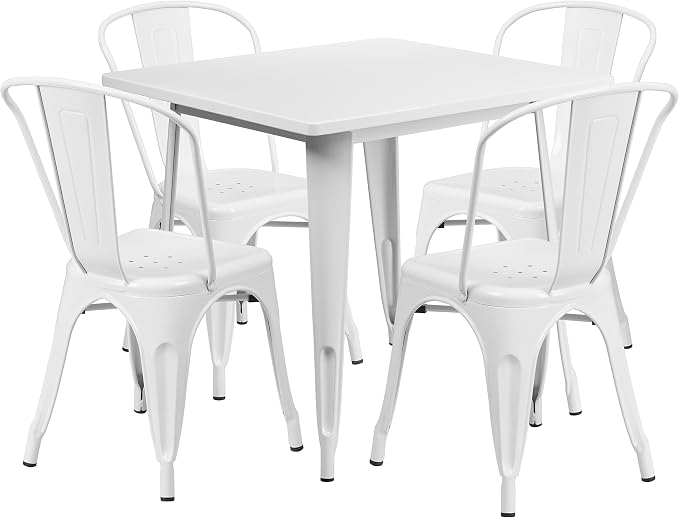 EMMA + OLIVER Commercial 31.5" Square White Metal Indoor-Outdoor Table Set-4 Stack Chairs