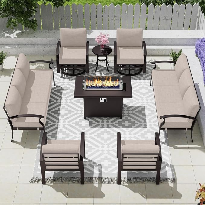 Patio Furniture Set 10 Seats Aluminum Armrest Sofa, Modern Outdoor Living Room Set with 55000 BTU Propane Aluminum Fireplace, Outdoor Rotary Joystick with Thick Cushion
