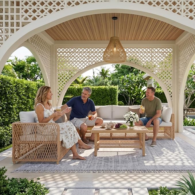 ABCASA Outdoor Patio Sectional Furniture Set with Waterproof Cover, Oversized Wicker Outdoor Furniture Set w/Water-Resistant Fabric & Thick Cushion, L Shaped Patio Conversation Set for Pool Yard,Beige