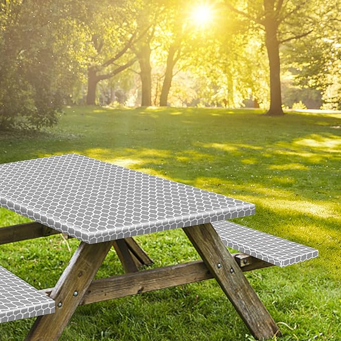 KENOBEE 8ft Picnic Table and Bench Cover, Camping Essentials RV Gear, 96 in Waterproof Windproof Outdoor Elastic All Around Tablecloth, Fitted Rectangle Tables and Seats, Gray-White Moroccan
