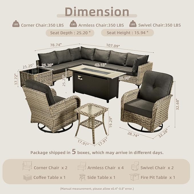 CAODOC 11-Piece Outdoor Sectional Sofa Set w/ 54" Fire Pit – L-Shaped Wicker Patio Furniture, Deep Seating & Swivel Rockers,Black