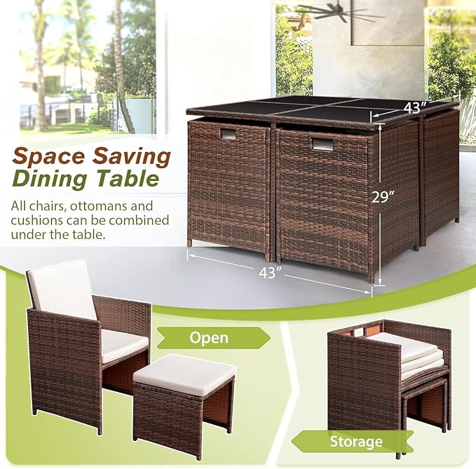9 Pieces Patio Furniture Sets Beige Sectional Conversation Set Outdoor Patio Dining Sets with Glass Table Cushioned Seating and Back