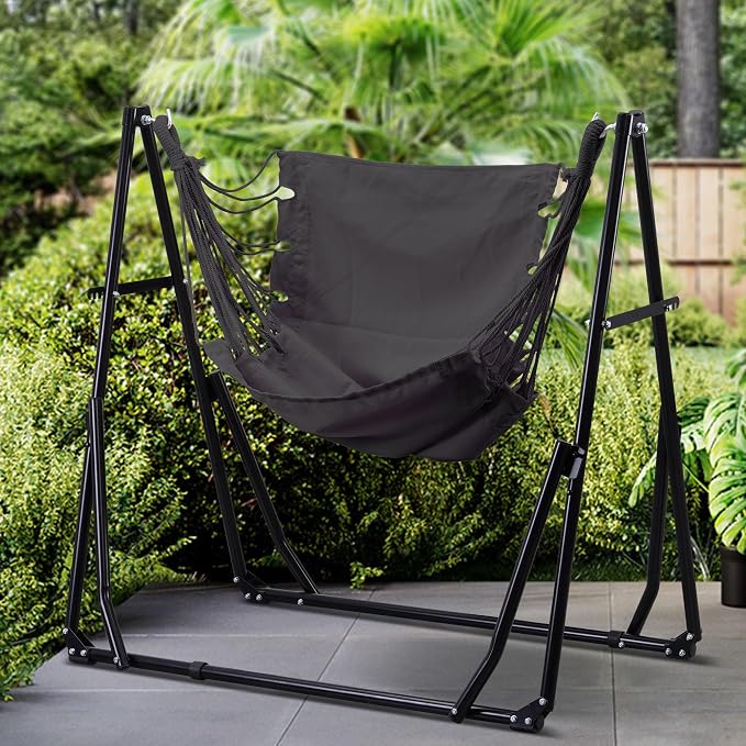 Ainfox Hammock with Foldable Stand, 2 in 1 Hammock and Swinging Chair with Carrying Bag, Portable Camping Chair Suitable for Outside, Swing,Patio,Garden,Camping Trip Grey