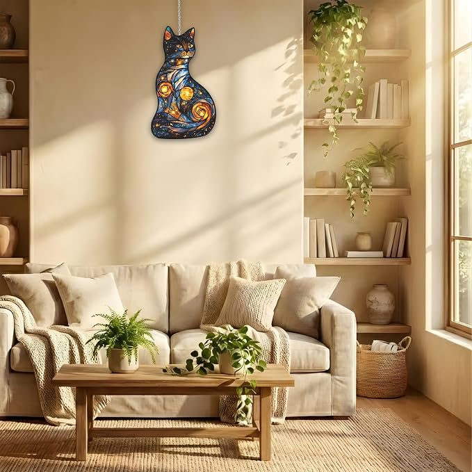 Starry Night Cat Acrylic Suncatcher, Boho Suncatchers for Window Hanging Ornament, Stained Glass Effect Art Garden Decor for Cat Lover, Gifts for Mother's Day, Mom, Grandma, Wife, Women, Nana