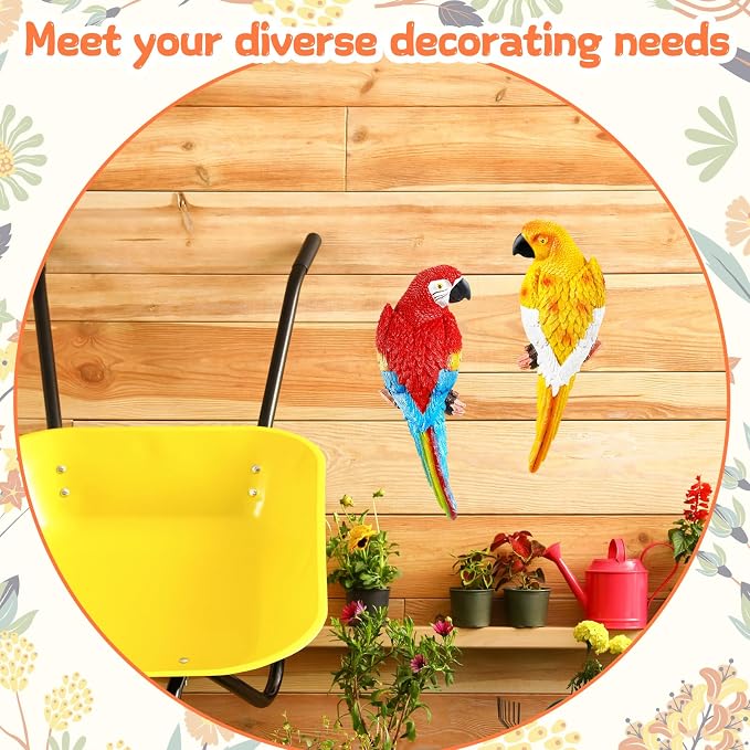 Jetec Parrot Decor Outdoor Tiki Bar Decor Large Realistic Parrot Statues Outside Lifelike Bird Sculptures Garden Patio Yard Lawn Figurines for Tropical Animal Tree Wall (2 Pcs,Red,Yellow)
