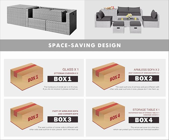 Tangkula 8 Piece Patio Wicker Furniture Set, Patiojoy Space Saving Outdoor PE Rattan Conversation Set with Storage Box & Waterproof Cover, Coffee Table, 2 Ottomans, 2 Armless Sofas & 2 Corner Sofas