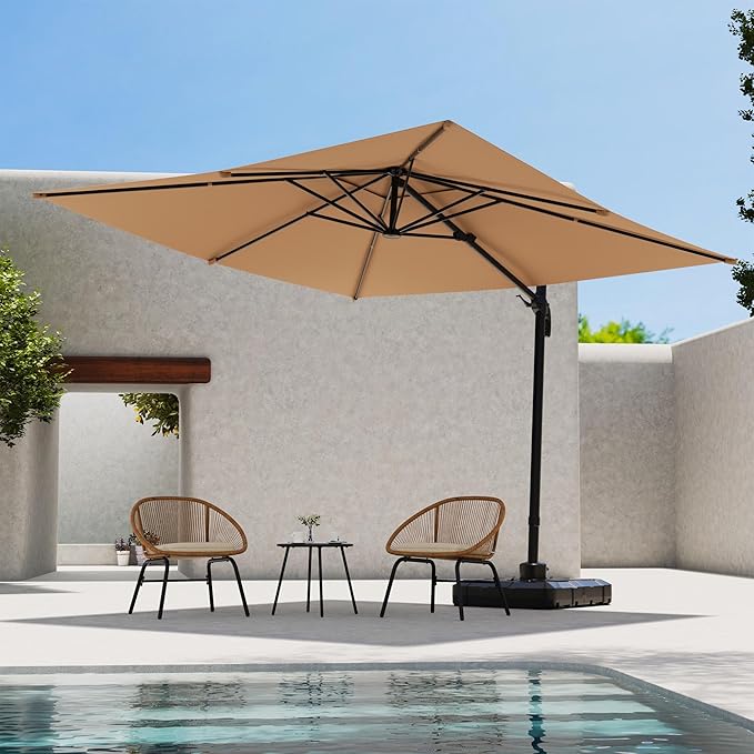 LAUSAINT HOME Patio Umbrella Outdoor, 10 Feet Cantilever Umbrella Aluminum Offset Umbrella with 360-degree Rotation for Backyard, Pool, Lawn, Deck (Square, Khaki)