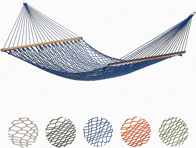 Fab Habitat Rope Recycled Polyester Hammock - Miami - Blue - Indoor/Outdoor, Quick Dry, 2 Person 400 lbs Capacity - Patio, Poolside, Backyard, Garden, Beach, Balcony - 12-14 ft Adjustable