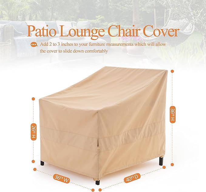 WJ-X3 Patio Chair Cover, Outdoor Lounge Cover, Heavy Duty, Waterproof Lawn Chair Covers, 36W x 40D x 36H, Beige, 2-Pack