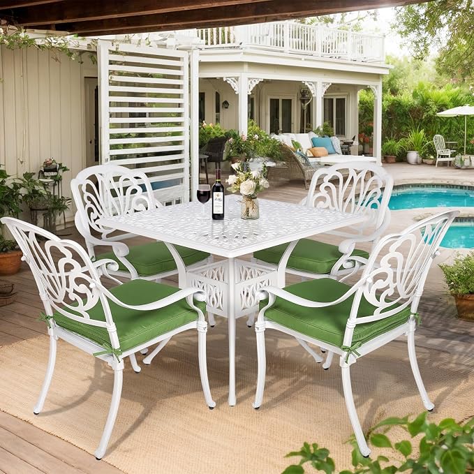 VIVIJASON 5-Piece Patio Furniture Dining Set, All-Weather White Cast Aluminum Outdoor Conversation Set, Include 4 Cushioned Chairs and a 35.4" Square Table w/Umbrella Hole for Balcony Lawn Garden