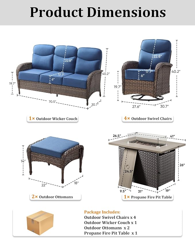 8-Piece Luxury Patio Furniture Set with 42.5" Fire Pit Table, Outdoor Wicker Sofa Couch & Swivel Rocker Chairs with 6-inch Thick Cushion, Conversation Set for Poolside, Deck & Yard - Blue