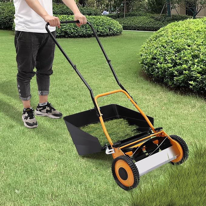 2-in-1 Wheeled Lawn Mower, 16" Reel Manual Lawn Mower Portable Push Lawn Mower Lawnmower with 2 Wheels Adjustable Height for Homes, Backyards, Park Landscaping with Grass Collecting Box