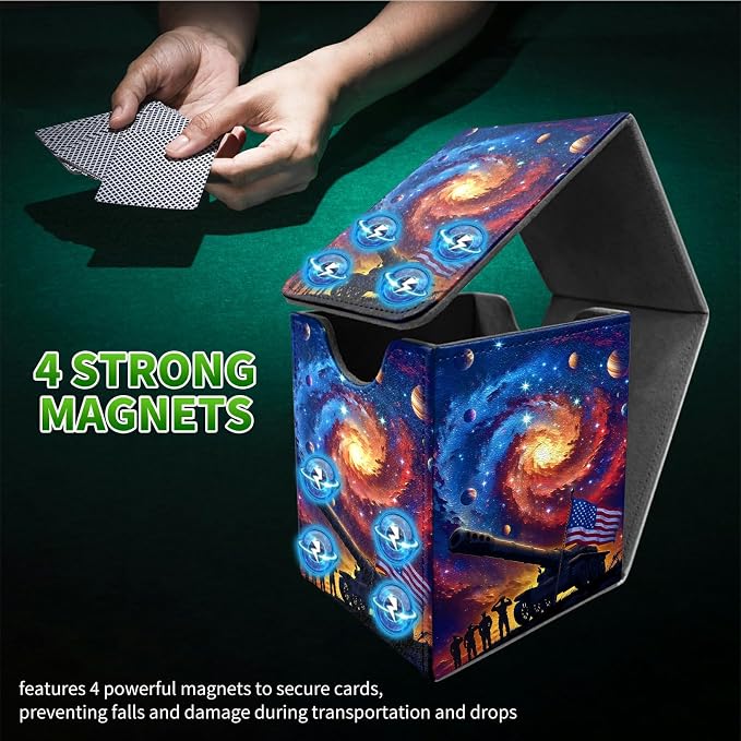 Starry Sky Flag Card Deck Box for MTG, Personalized Card Storage Case Fits 120+ Sleeved Cards, Premium Leather TCG Box with Strong Magnetic Closure for Magic, CCG, PTCG, Baseball Cards