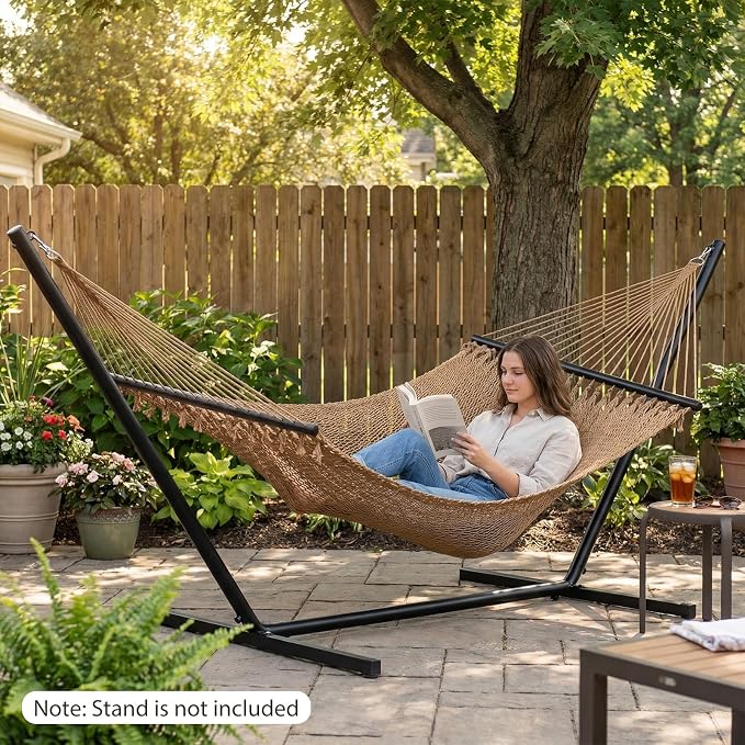 Tangkula 10.5FT Caribbean Double Hammock, Heavy Duty Portable Hammock with Curved Spreader Bars, Soft-Spun Polyester Rope, 2 Person Outdoor Hammocks for Outside, 600 lbs Max Load
