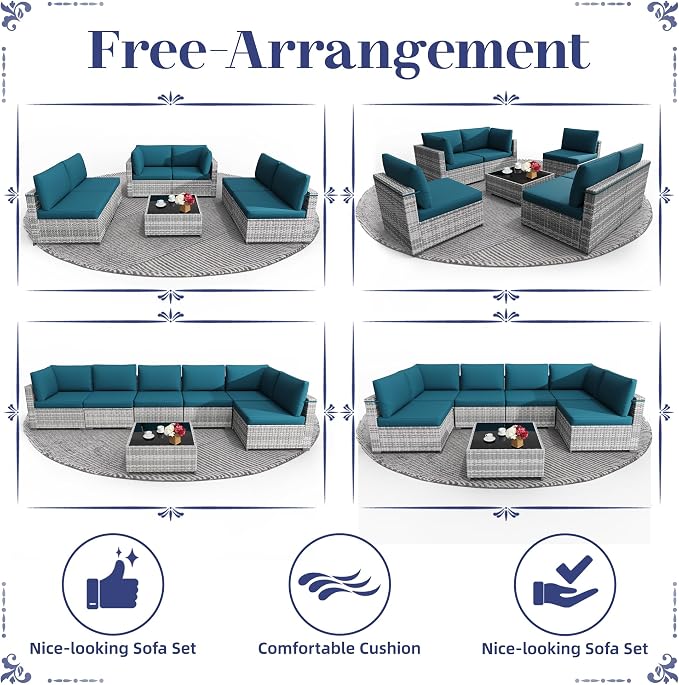 KIGOTY Patio Furniture Set,7 Pieces Modular Outdoor Sectional Sofa, PE Rattan Patio Conversation Set, All Weather Wicker Patio Furniture with Cushions and Coffee Table(Grey White/Peacock Blue)
