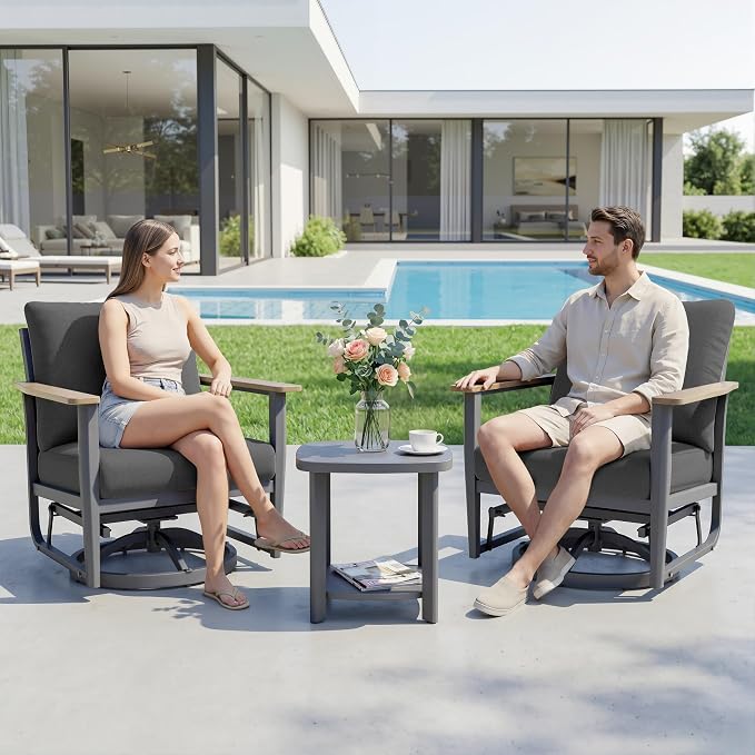 Aluminum Swivel Rocking Chairs, 3-Piece Outdoor Patio Furniture Set with Side Table, Rust-Proof Metal Gliders with Wood-Like Armrests & 5.1" Thick Cushions for Backyard, Porch, Black