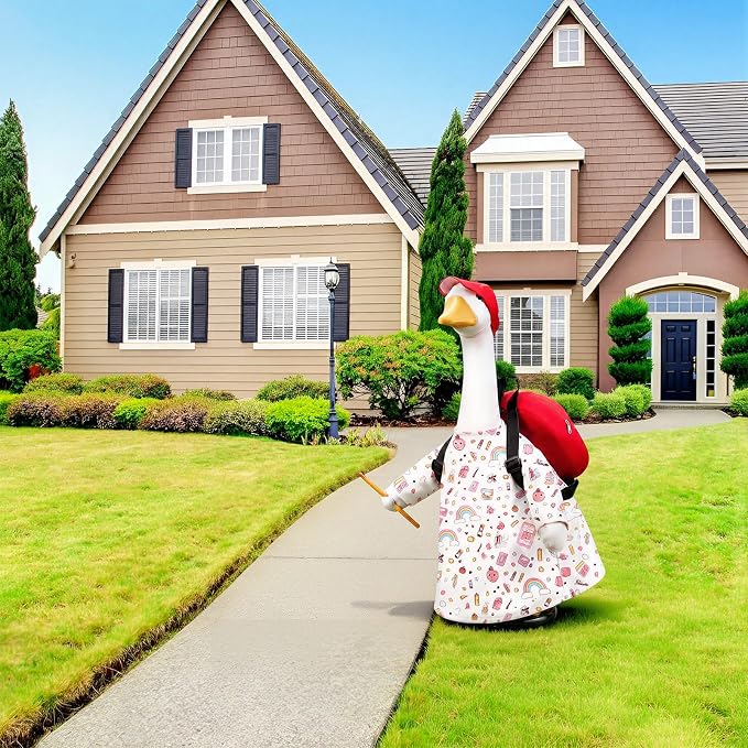 Back to School Porch Goose Outfit with Red Cap, Backpack and Pencil for 23" Gooses Statue, First Day of School Lawn Decor, Cute Rainbow Goose Costume for Patio Yard Garden Outdoor