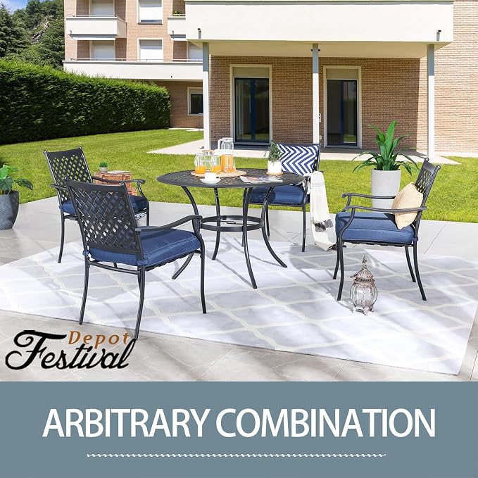 Festival Depot 5 Piece Patio Dining Set Metal Chairs with Seat Cushions and Round Iron Table with Umbrella Hole All Weather Outdoor Furniture for Bistro Deck Garden (Blue)