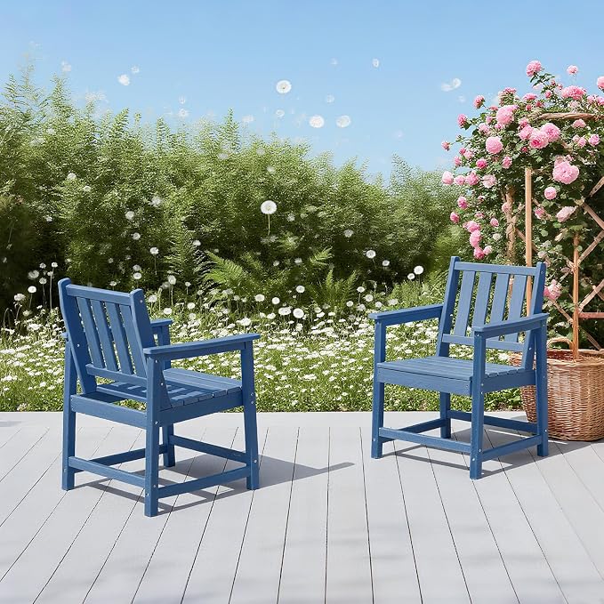 Outdoor Patio Chair, All-Weather HDPE Outdoor Furniture Chairs with Backrest and Armrest, 300 lbs Support Patio Dining Chair for Garden, Deck, Porch, Navy