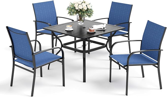 SUNSHINE VALLEY Patio Dining Set for 4, 37”Square Table with Umbrella Hole, 4 Metal Blue Chairs, Outdoor Table and Chairs for Lawn Backyard and Deck