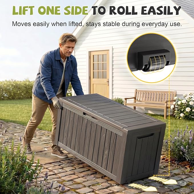 85 Gallon Outdoor Storage Deck Box Waterproof Resin Lockable Outside Bench Porch Patio Furniture Pool Float Garden Tool Cushion UV Resistant Bin Black