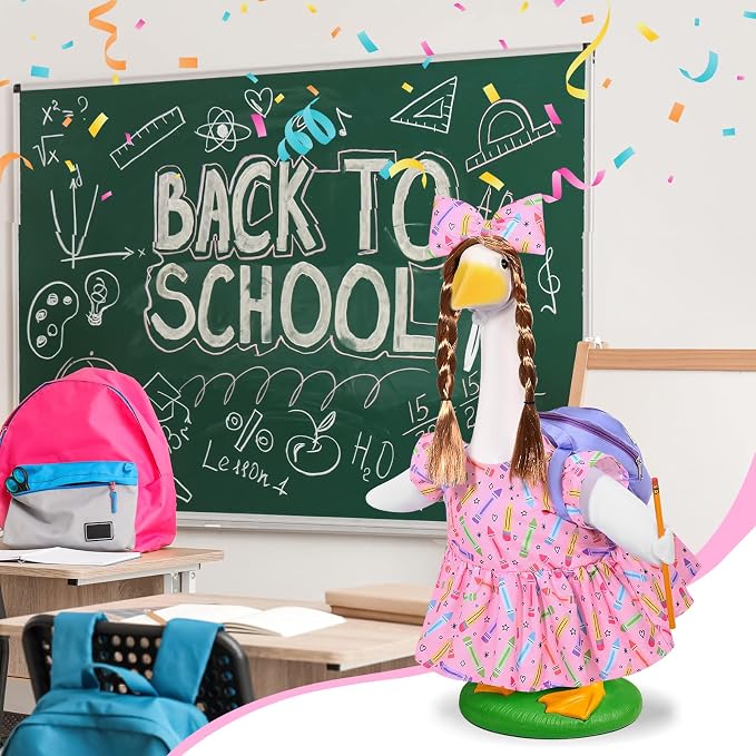 JcHrmers Back to School Goose Outfit Crayon and Pencil Goose Clothes Fits 23" Cement Plastic Geese Statue for School Classroom Outdoor Garden Yard Patio Statue Art Decor (Pink)