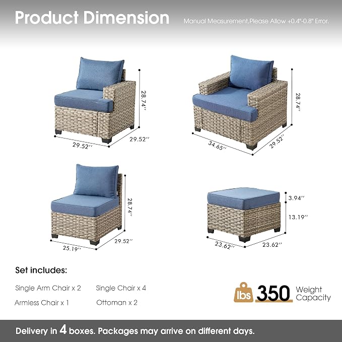 Outdoor Sectional Patio Furniture Set,9 Pieces All Weather Rattan Wicker Conversation Sets,Out Door Furniture with Ottoman Single Chair,Denim Blue
