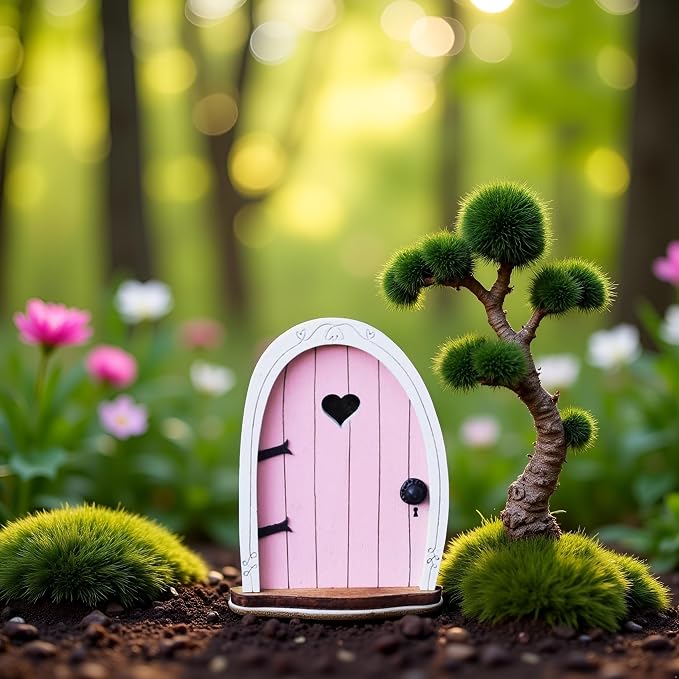 Jinshining Pink Streak Mini Fairy Garden Door for Tree, 3D Miniature Fairy Door for Fairytale Tiny House Doors, Bonsai Terrarium Micro Landscape Decoration Accessories Garden Miniatures