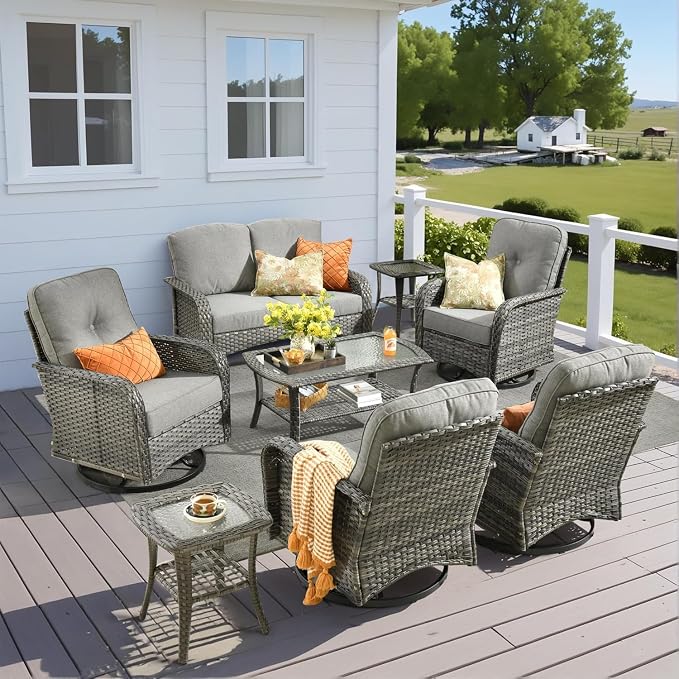 8 Pieces Outdoor Patio Furniture Set with Coffee Table, All Weather Wicker Patio Conversation Sets with Rocking Chairs, Balcony Furniture Sets for Backyard, Garden, Poolside, Dark Grey