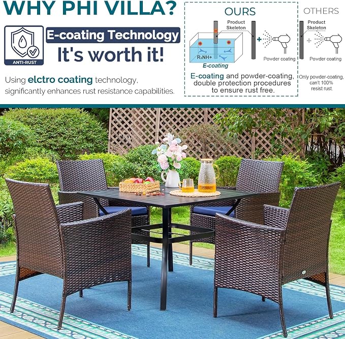 PHI VILLA 5pc Patio Dining Set with Umbrella, Square Table, Rattan Chairs | Outdoor Dining Set for 4, 37" Metal Table & 4 Cushioned Rattan Chairs with Beige Umbrella for Outdoor, Deck, Yard, Porch