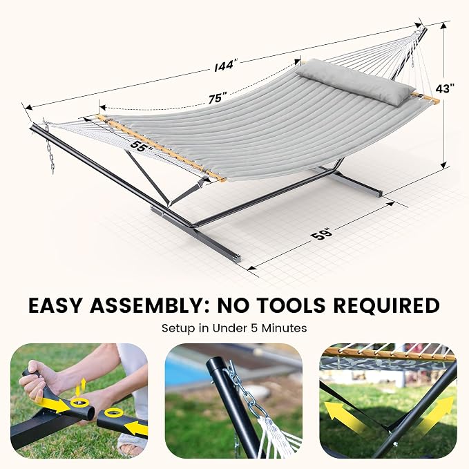 ANAGOO Double Hammock with Stand, Heavy Duty Outdoor Hammock for Two, 500 LBS Capacity, Stable Steel Frame with Balance Strap, Easy Tool-Free Assembly for Patio, Garden, Backyard & Beach,Dark Grey