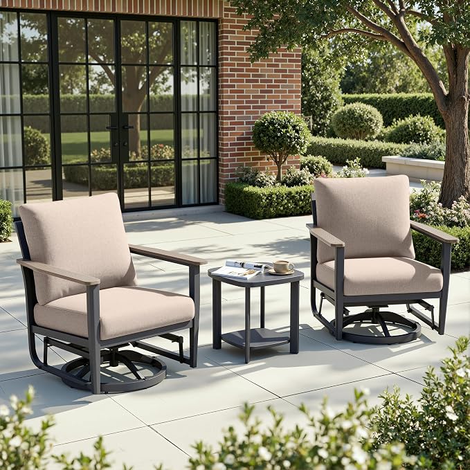 Aluminum Patio Swivel Rocking Chair Outdoor Bistro Set, 3PCS Patio Conversation Set Outdoor Patio Furniture Set with High Backrest & Thickened Cushions for Garden, Deck and Balcony, Sand