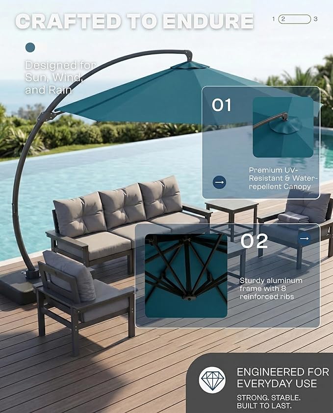 12 FT Cantilever Umbrella with Base Included, Large Round 360° Rotation Offset Umbrella Outdoor Patio, Heavy Duty Aluminum Frame, Sand-Weighted Stand, for Deck, Backyard, Pool, Garden (Lake Blue)