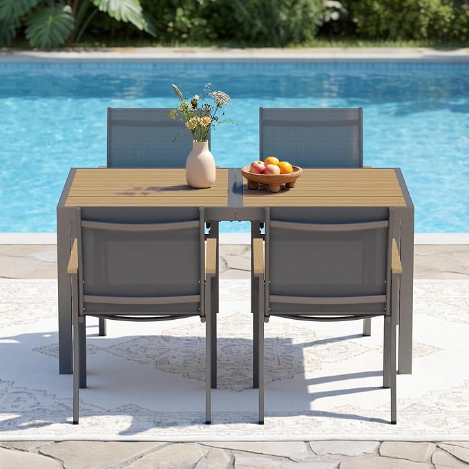 5-Pieces Aluminum Patio Table and Chairs Set, Outdoor Patio Furniture Set with Heavy Duty HDPS Rectangular Table, All-Weather Outdoor Dining Set with Quick-Drying Breathable Textilene Chairs for Porch