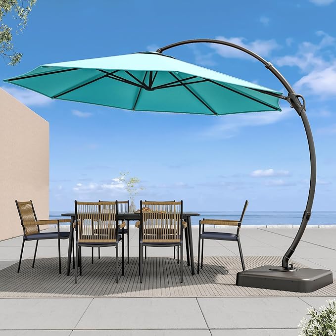 LAUSAINT HOME 11FT Curvy Cantilever Patio Umbrella with Base, 360° Rotation Offset Outdoor Umbrella, Heavy Duty Hanging Umbrella for Backyard, Pool, Garden(Turquoise Blue)