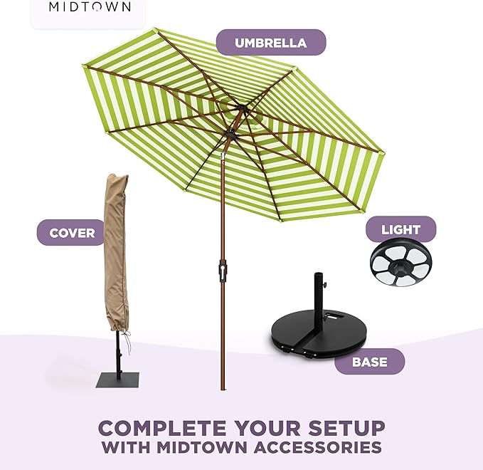 Midtown Umbrellas Wooden 2-10 Ft Patio Umbrella with 360° Swivel & Tilt Mechanism, 8 Fiberglass Ribs & Terylast Polyester Fabric for Deck, Pool, Garden & Porch - Pear Stripes Canopy, Wooden Pole