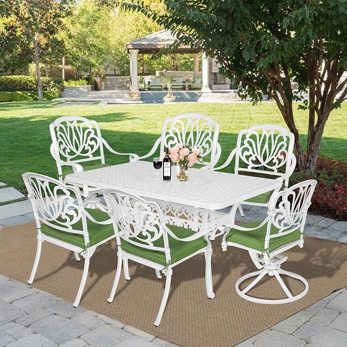 MEETWARM 7-Piece Outdoor Patio Dining Set, All-Weather Cast Aluminum Patio Conversation Set with 2 Swivel Rocker Chairs, 4 Stationary, 1 Rectangular Table, 6 Cushions, 2" Umbrella Hole, White
