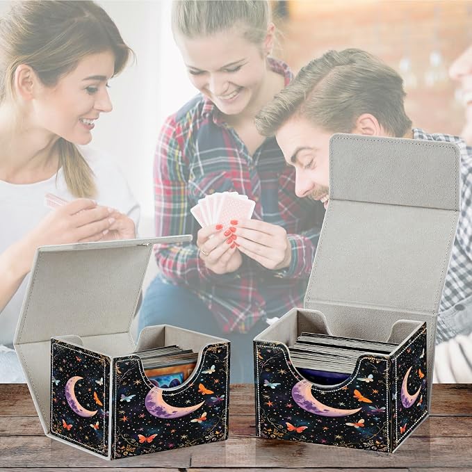 Card Deck Box for MTG, Cards Storage Box Fits 120+ Sleeved, Leather Small Size Strong Magnetic Closing Card Case for Board Games Magic TCG CCG Baseball Collection, Butterfly Dark Moon
