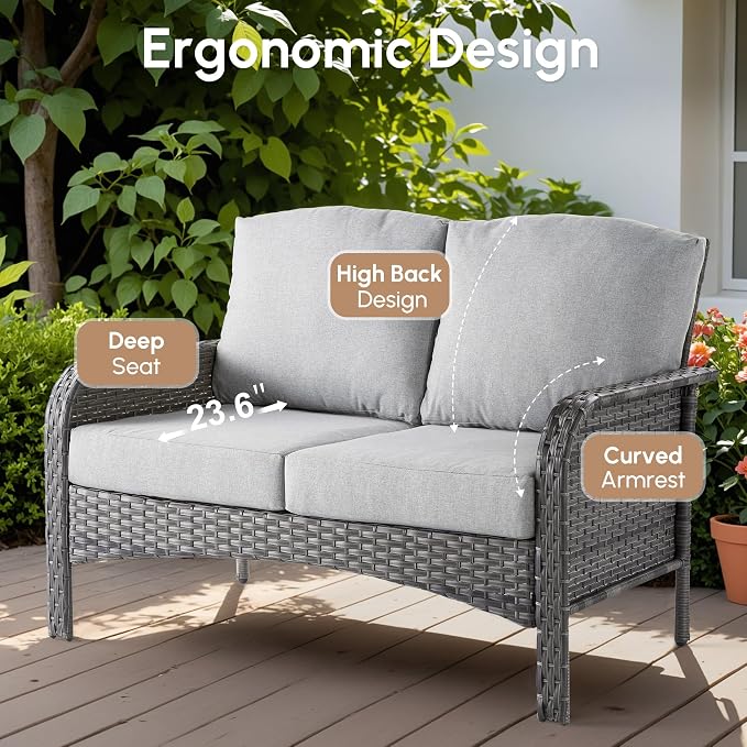 5 PCS Patio Outdoor Furniture Set with Swivel Rocking Chairs,All Weather Wicker Rattan Patio Seating Sofa and Chairs Set,Outdoor Conversaiton Sets for Deck Yard Prrch Garden Poolside,Grey