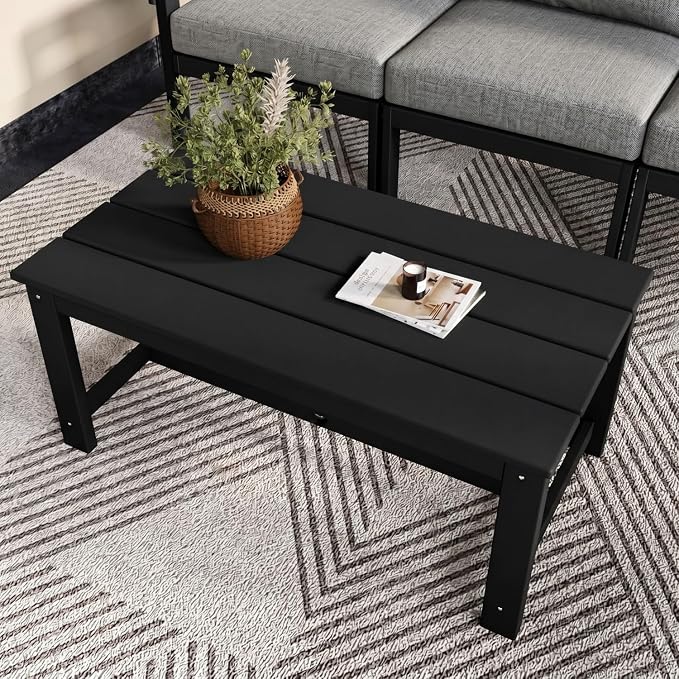 HDPE Outdoor Patio Furniture Set, 11-Piece Sectional Set with 3-Seat Sofa, 4 Armchairs & 4 Tables, All-Weather Couch with Grey Washable Cushions for Porch (Black Frame)