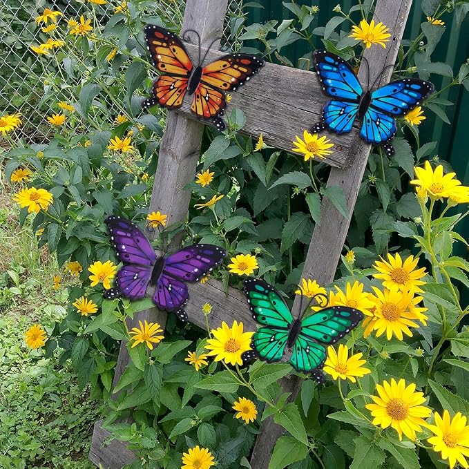 hogardeck Metal Butterfly Wall Decor, 4 PCS Multicolor Butterfly Spring Decor for Indoor Outdoor, Decorative Hanging Wall Art for Kitchen, Living Room, Porch, Garden, Yard