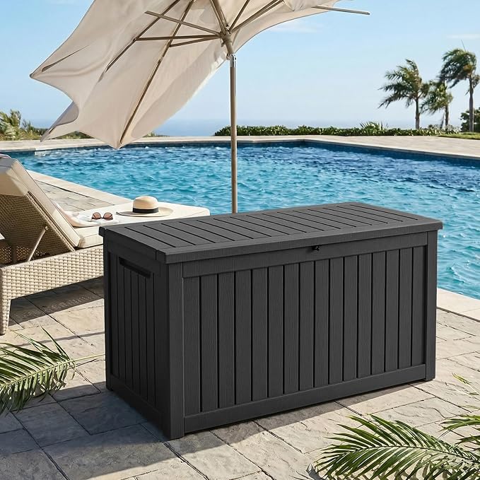 280 Gallon Outdoor Storage Deck Box Waterproof Resin Lockable Outside Bench Porch Patio Furniture Pool Float Garden Tool Cushion UV Resistant Bin Black