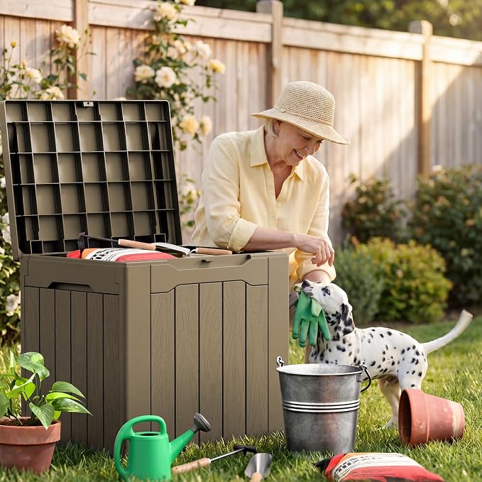 JUMMICO 31 Gallon Resin Deck Box Waterproof Indoor Outdoor Storage Boxes for Patio Furniture Cushions and Garden Tools (Light Brown)