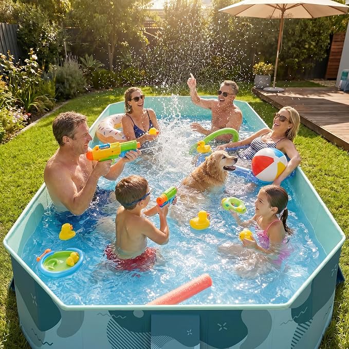 113" Foldable Pool for Adults & Kids, Large Capacity Non Inflatable Pool, Portable Hard-Side Foldable Swimming Pool, Above Ground Pool for Indoor Outdoor Backyard, Garden & Patio (Film Green)
