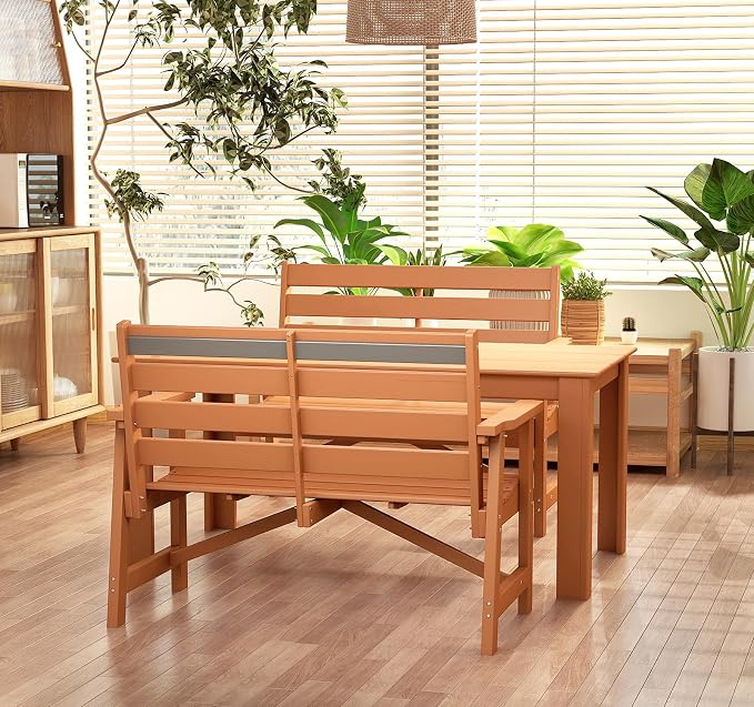 BRIOPAWS Outdoor-Dining-Table-Set | 3 Piece | HDPE | 2 Benches Chairs Sets for 4 | Patio Dinner Furniture | All Weather | Umbrella Hole | for Poolside Deck Backyard Outdoors | Teak