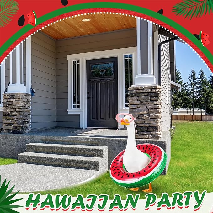 Aliceset 2 Pcs Summer Porch Goose Outfits Hawaiian Pool Goose Cloth Costume Swimsuit with Swim Ring Sunglasses, Fits 23'' Lawn Statue for Patio Yard Garden Outdoor Decor(Watermelon Style)