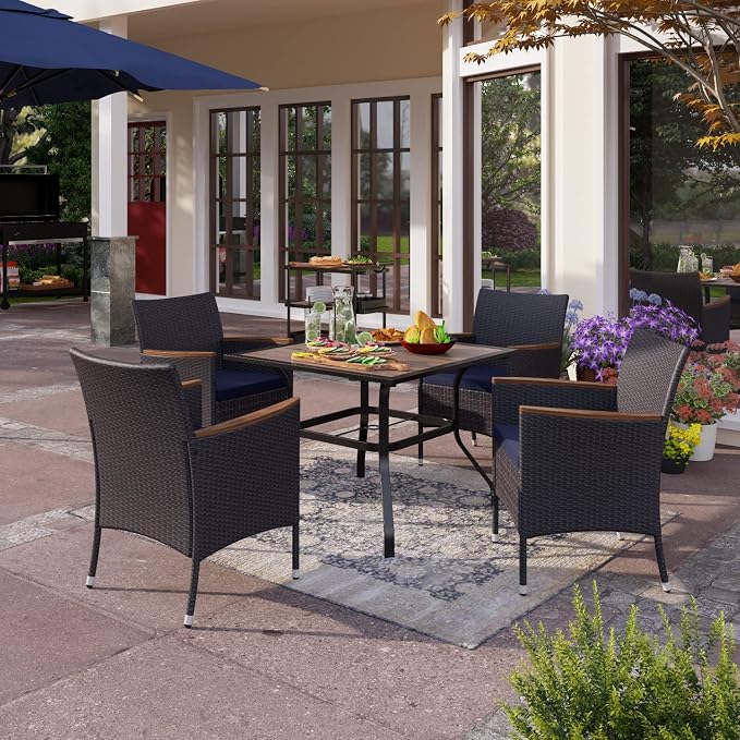 PHI VILLA High Back Wicker Patio Dining Chairs Set of 4, Wood Armrest | 4 Rattan dining chairs with thick removable seat cushions. Sturdy steel frame, easy assembly.