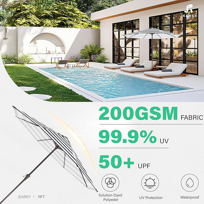 JEAREY 11' Patio Umbrellas Outdoor Table Market Umbrella w/Crank, 8 Sturdy Ribs, UV Protection Windproof for Garden, Deck, Backyard, Pool(Black Striped)