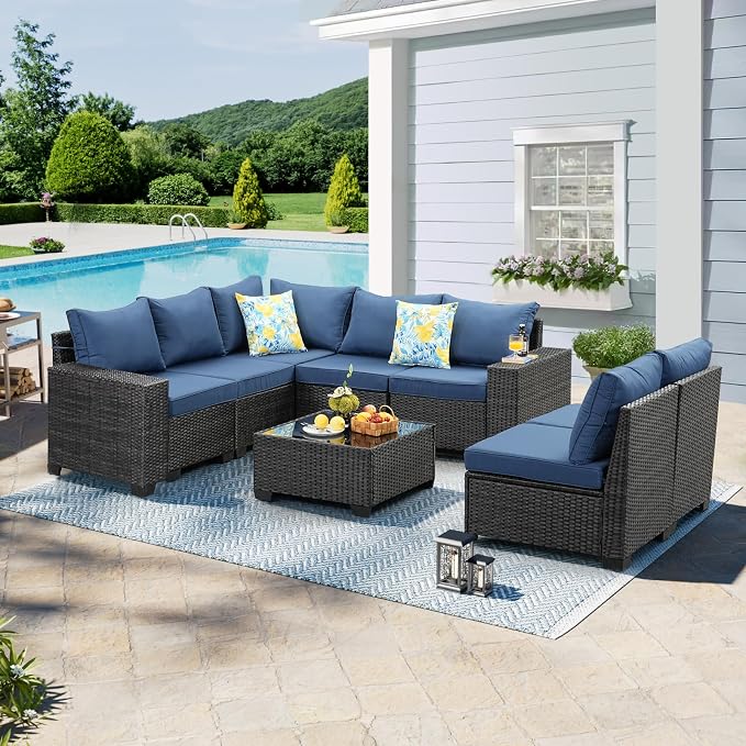8 Pieces Patio Furniture Set, Wicker PE Rattan Outdoor Sectional with Cushion & Coffee Table, Patio Conversation Sofa for Garden, Backyard, Poolside, Navy