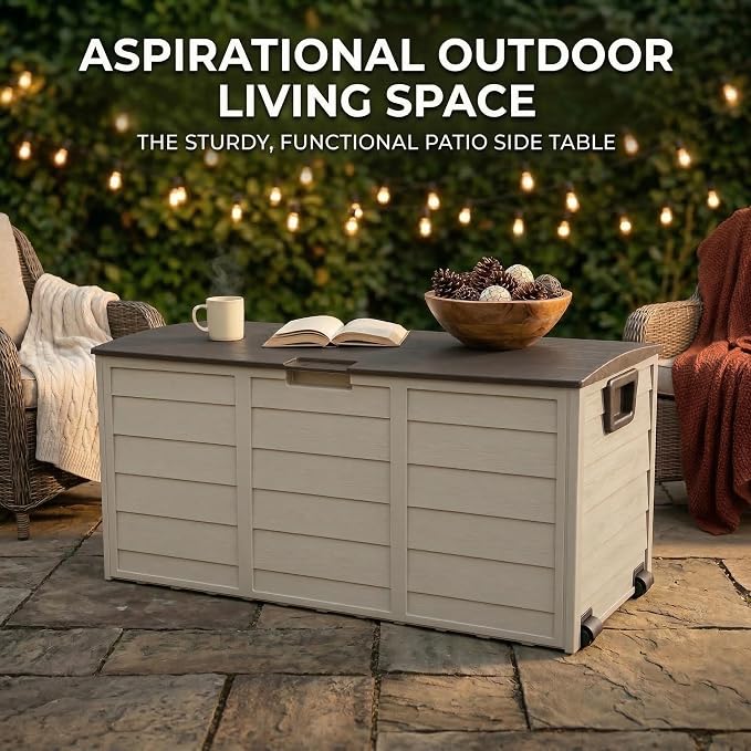 75 Gallon Outdoor Storage Box, 260L Waterproof Resin Deck Box for Patio Furniture Cushions, Garden Tools and Yard Accessories, Lockable Storage Chest with Wheels and Handles (Brown)